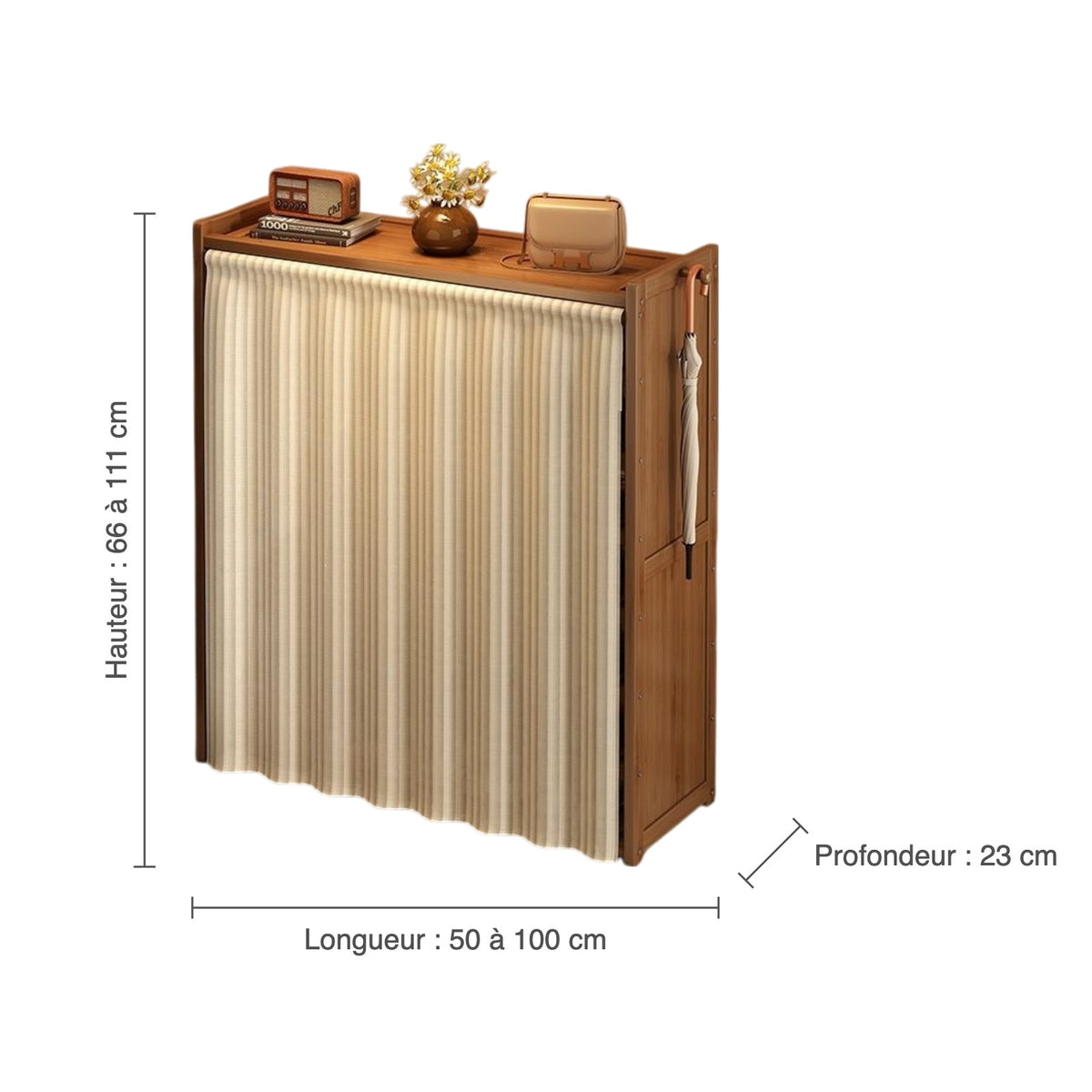 Dimensions de l'étagère à chaussures en bambou avec rideau