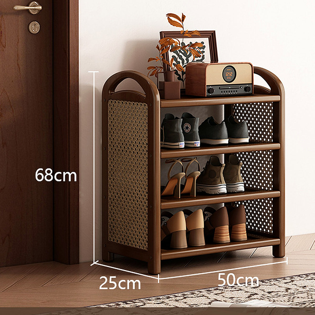 Étagère à chaussures vintage noyer et cannage, 4 niveaux, 50 cm