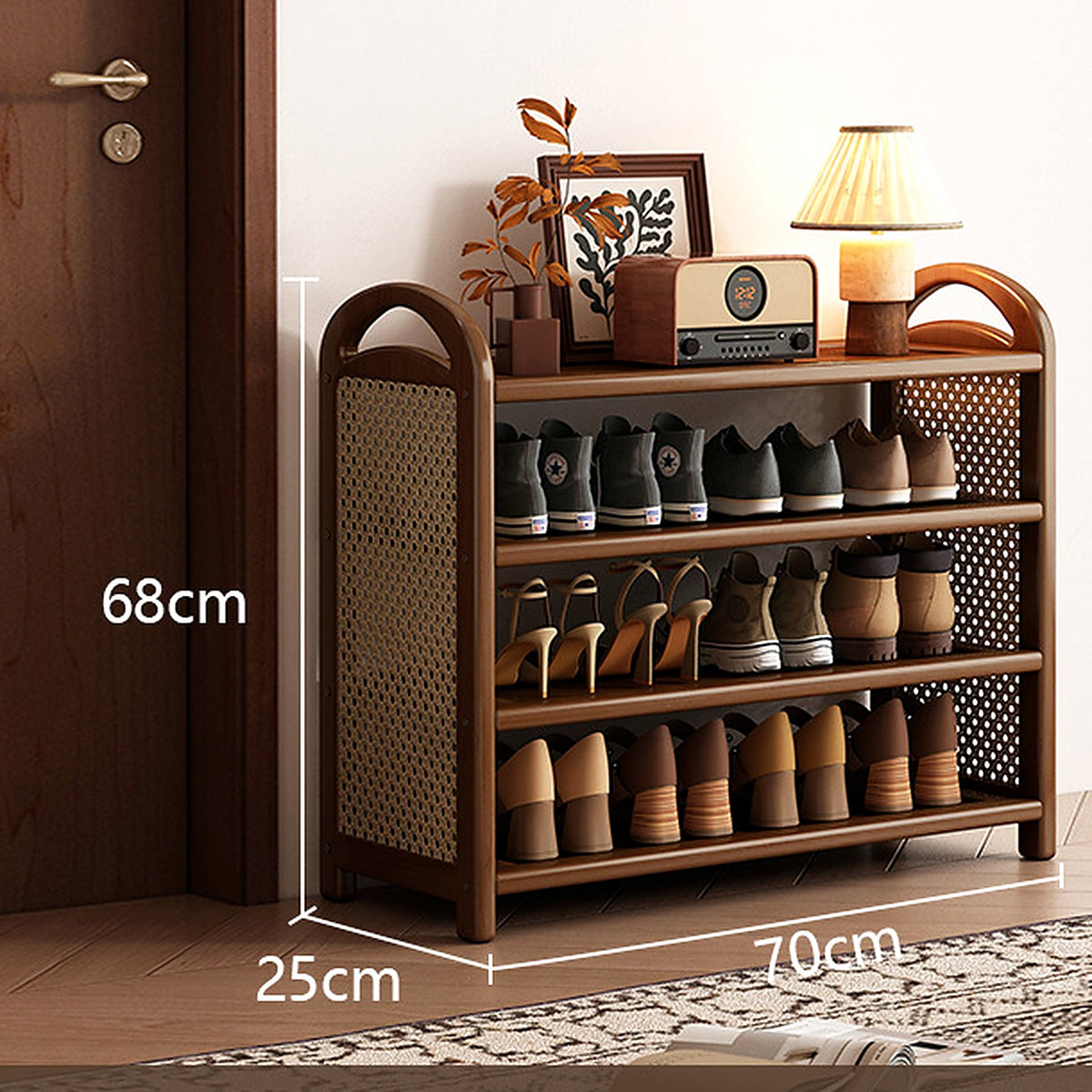 Étagère à chaussures vintage noyer et cannage, 4 niveaux, 70 cm