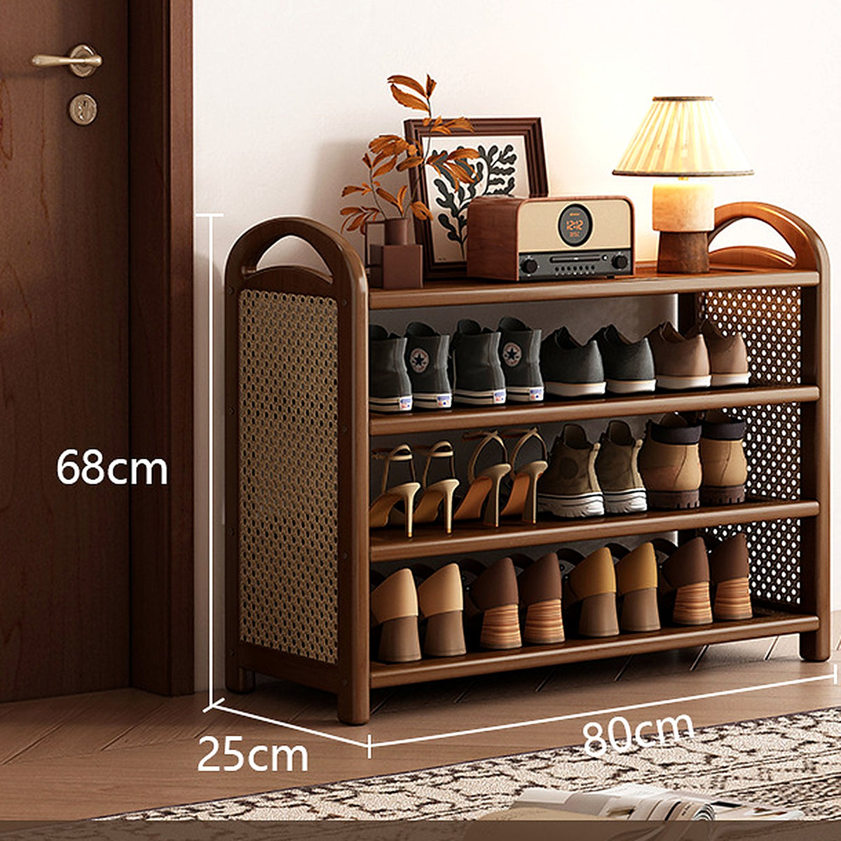 Étagère à chaussures vintage noyer et cannage, 4 niveaux, 80 cm