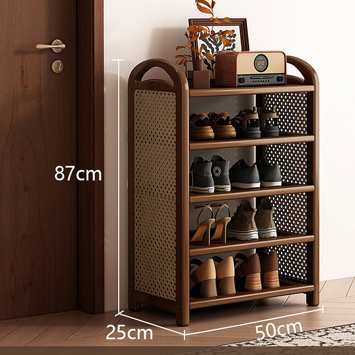 Étagère à chaussures vintage noyer et cannage, 5 niveaux, 50 cm