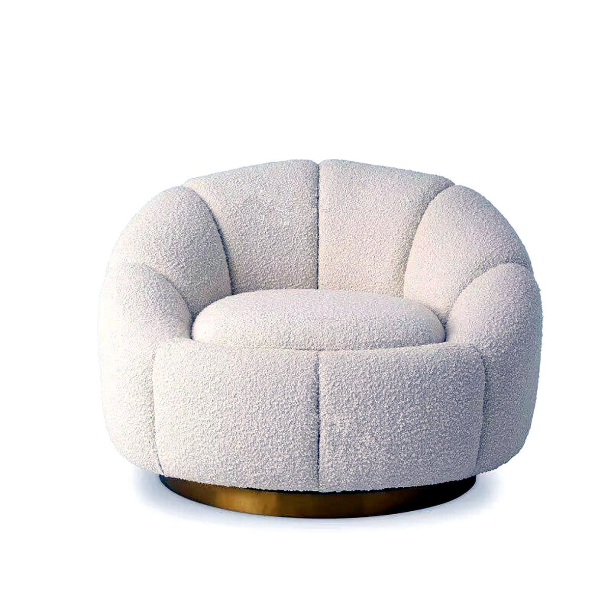 Fauteuil pivotant en bouclette crème et socle doré, vu de face, fond blanc