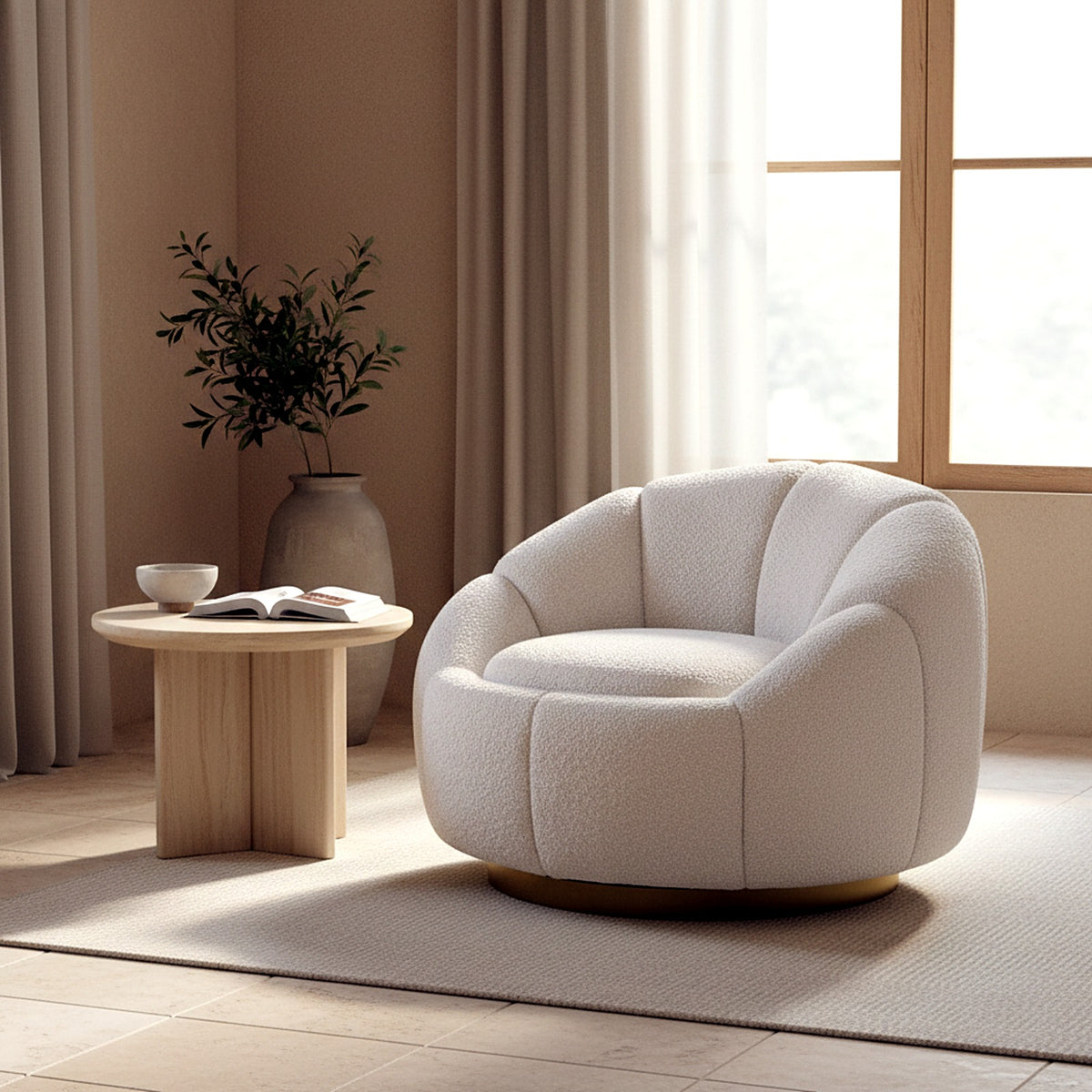 Fauteuil pivotant en bouclette crème AUBRYNE dans un salon contemporain lumineux, sol en travertin