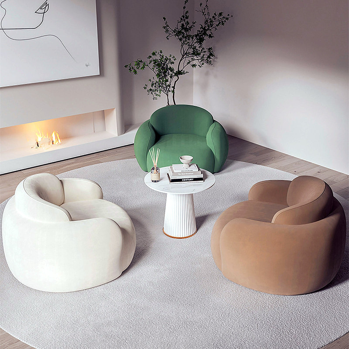 Fauteuils cocon crème, vert et moka, ambiance salon