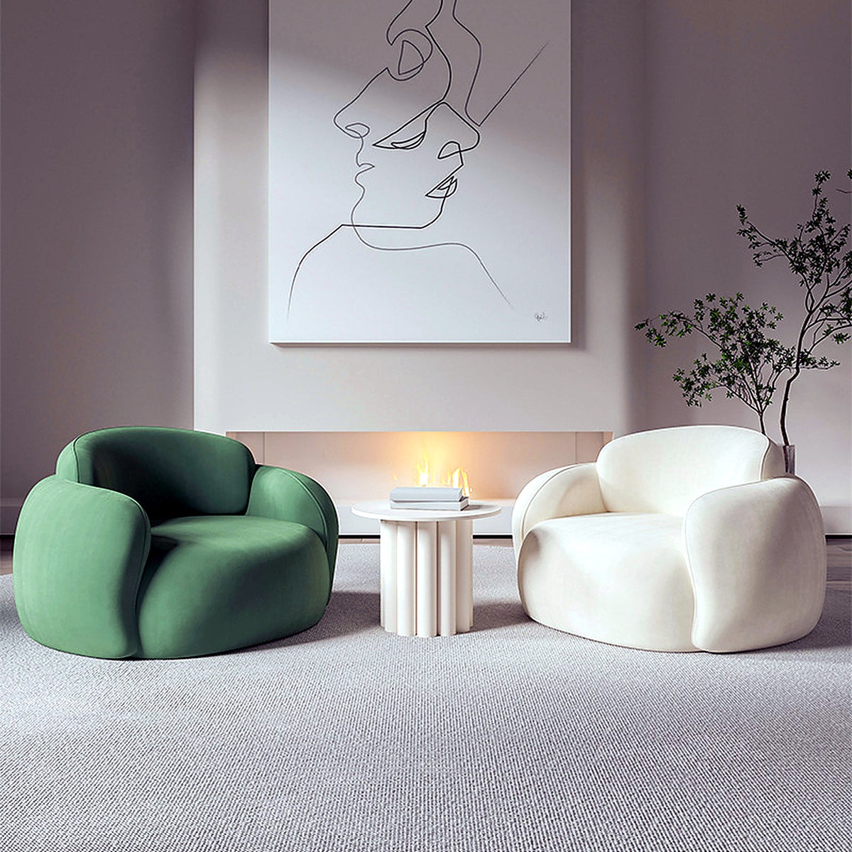 Fauteuils cocon vert matcha et blanc crème