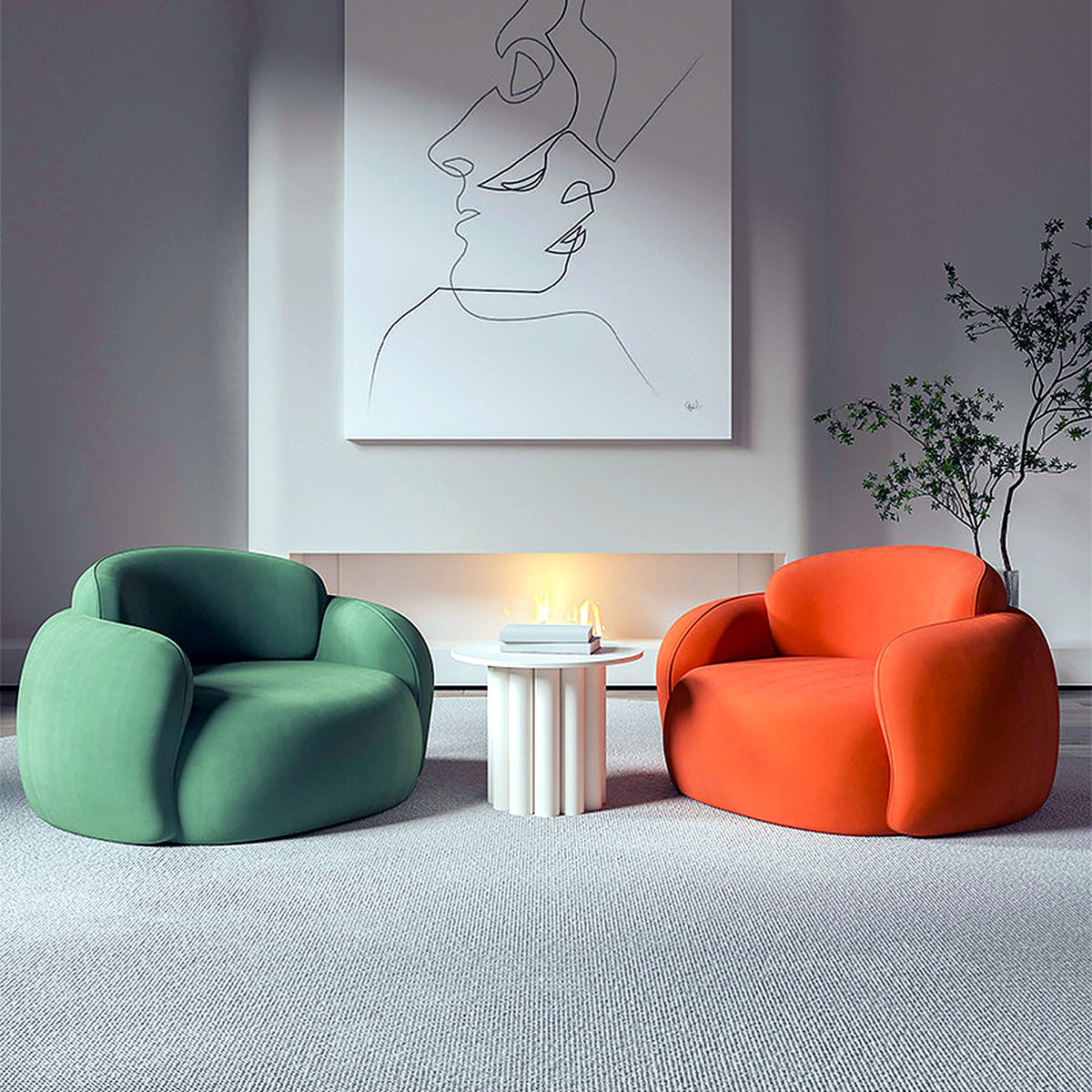 Fauteuils cocon vert matcha et orange brûlé