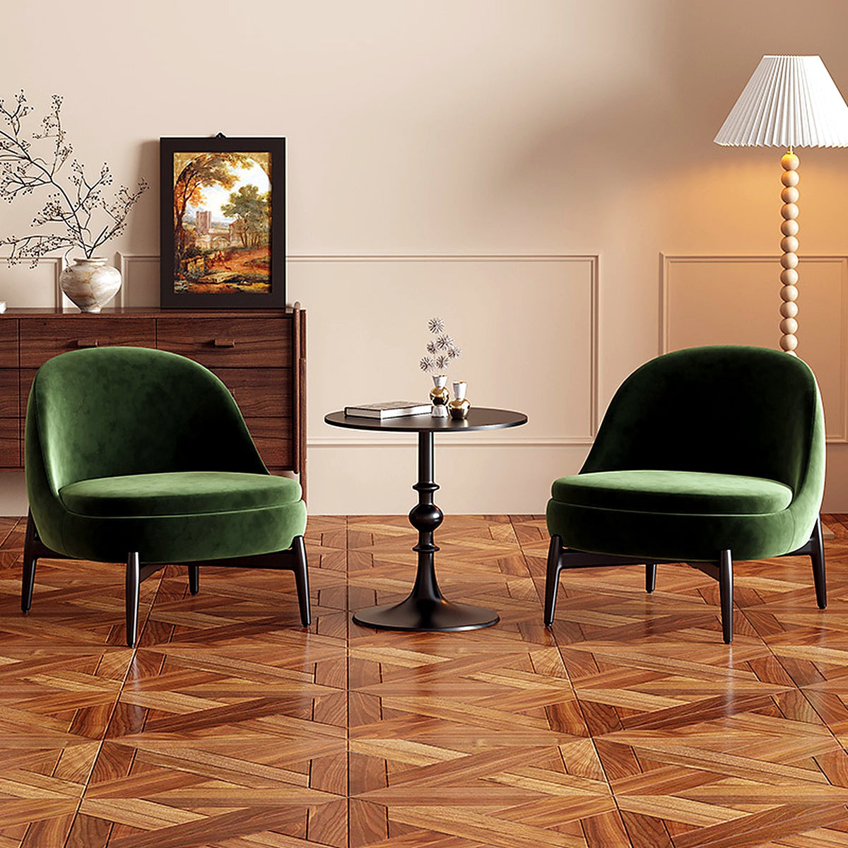 Deux fauteuils en velours vert sapin et guéridon