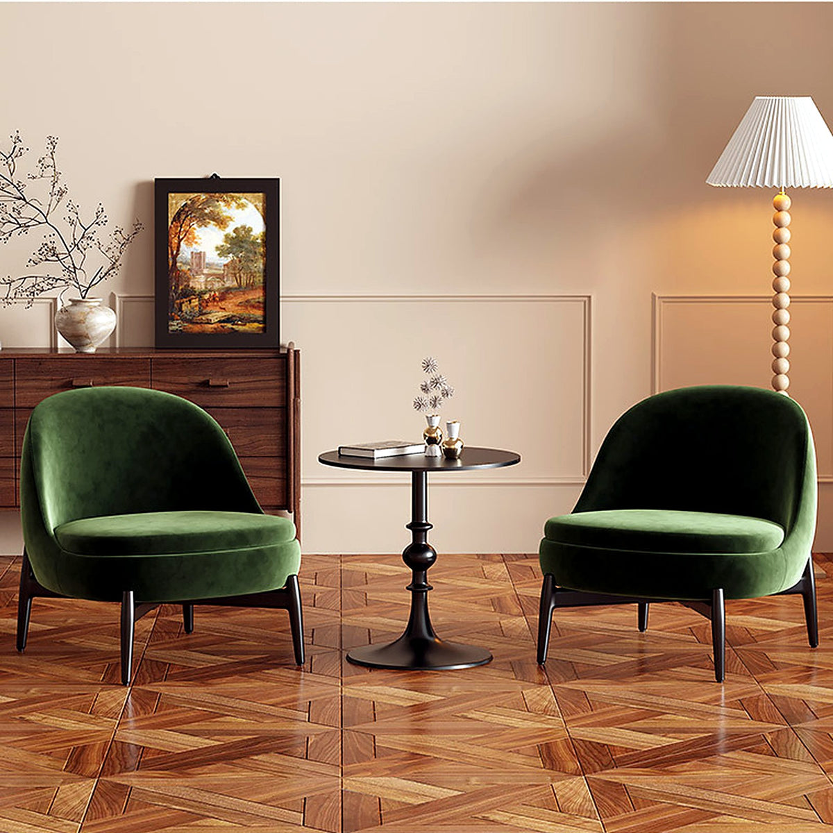 Fauteuils velours vert sapin, esprit mid-century