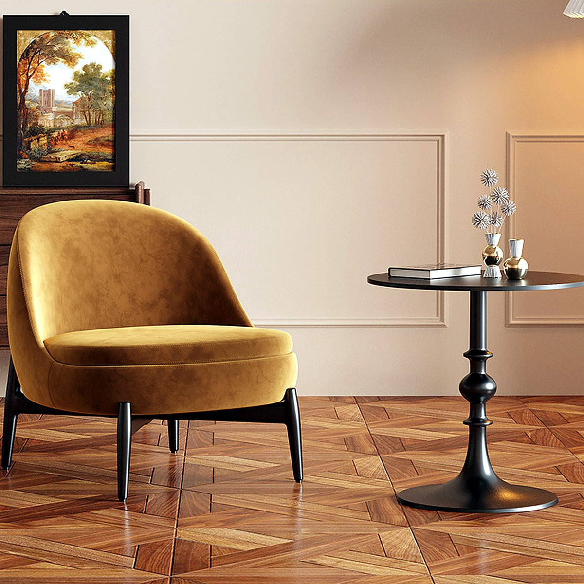 Fauteuil en velours jaune moutarde, dossier coquille