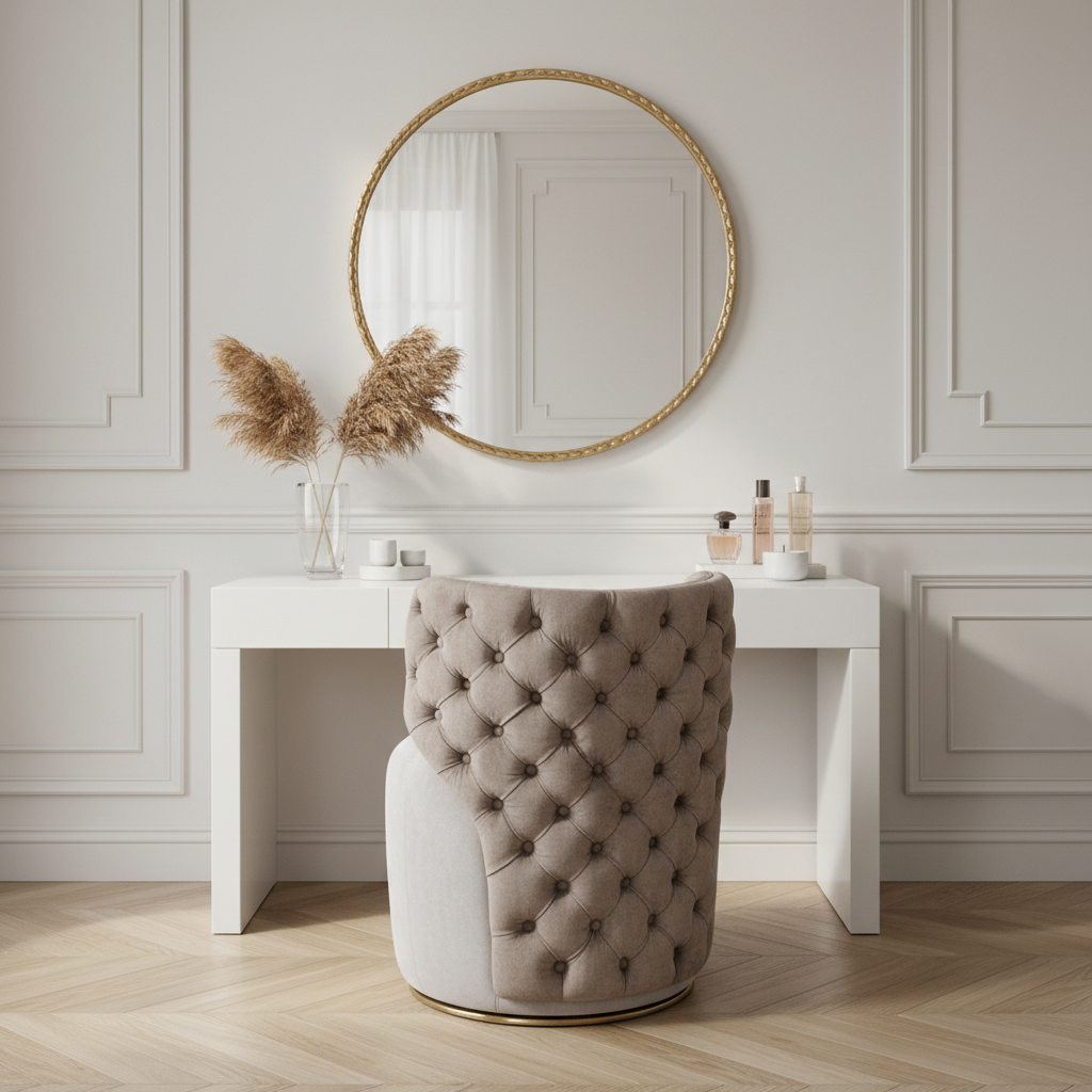 Fauteuil de coiffeuse capitonné AUBRYNE dans une chambre parisienne haussmannienne