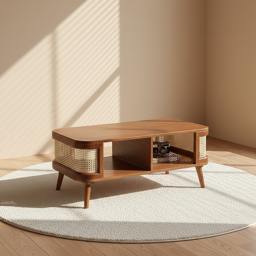 Table basse en bois massif et cannage rotin – mise en scène