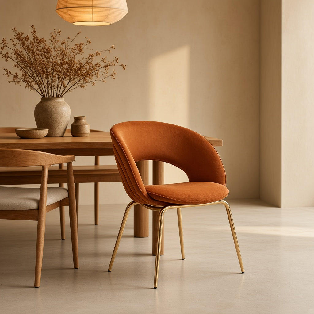 Chaise enveloppante orange terracotta AUBRYNE – mise en scène dans une salle à manger chaleureuse