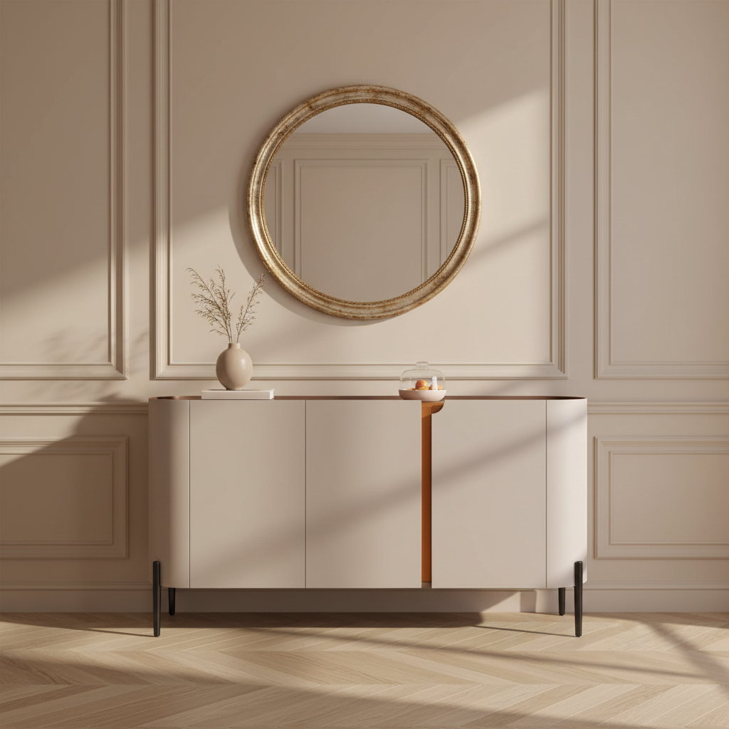 Buffet arrondi effet cuir grège et orange dans une entrée parisienne – mise en scène