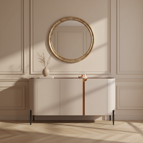 Buffet arrondi effet cuir grège et orange dans une entrée parisienne – mise en scène