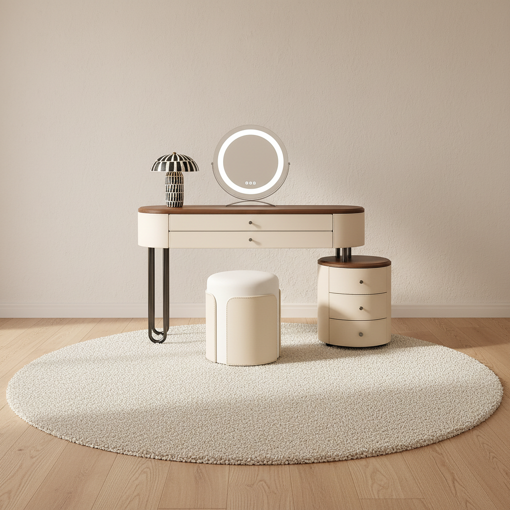 Coiffeuse crème et noyer avec commode ronde – mise en scène