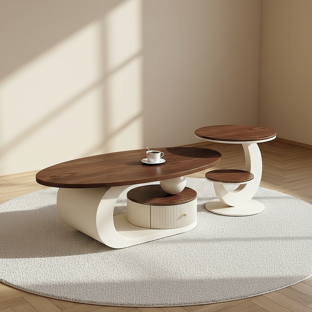Table basse ovale noyer et crème avec table d'appoint – mise en scène