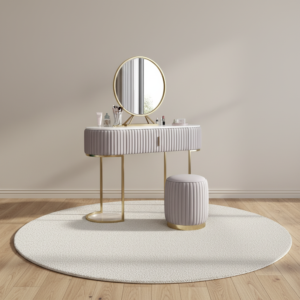 Coiffeuse cannelée plateau marbre avec miroir LED et tabouret – mise en scène