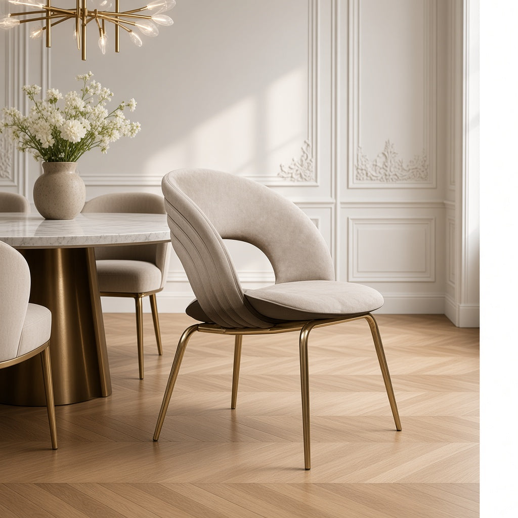 Chaise enveloppante beige crème AUBRYNE – mise en scène dans une salle à manger haussmannienne