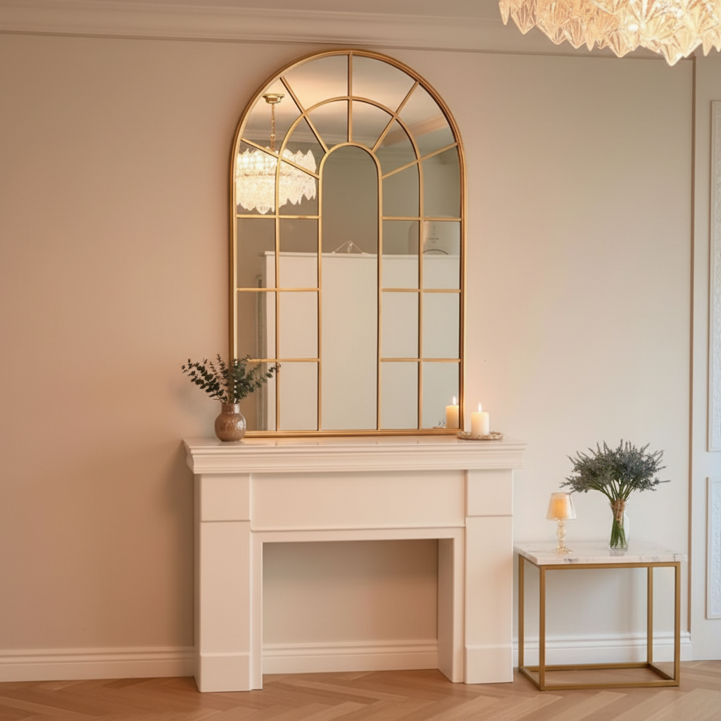 Grand miroir fenêtre en arche, cadre métal doré – mise en scène