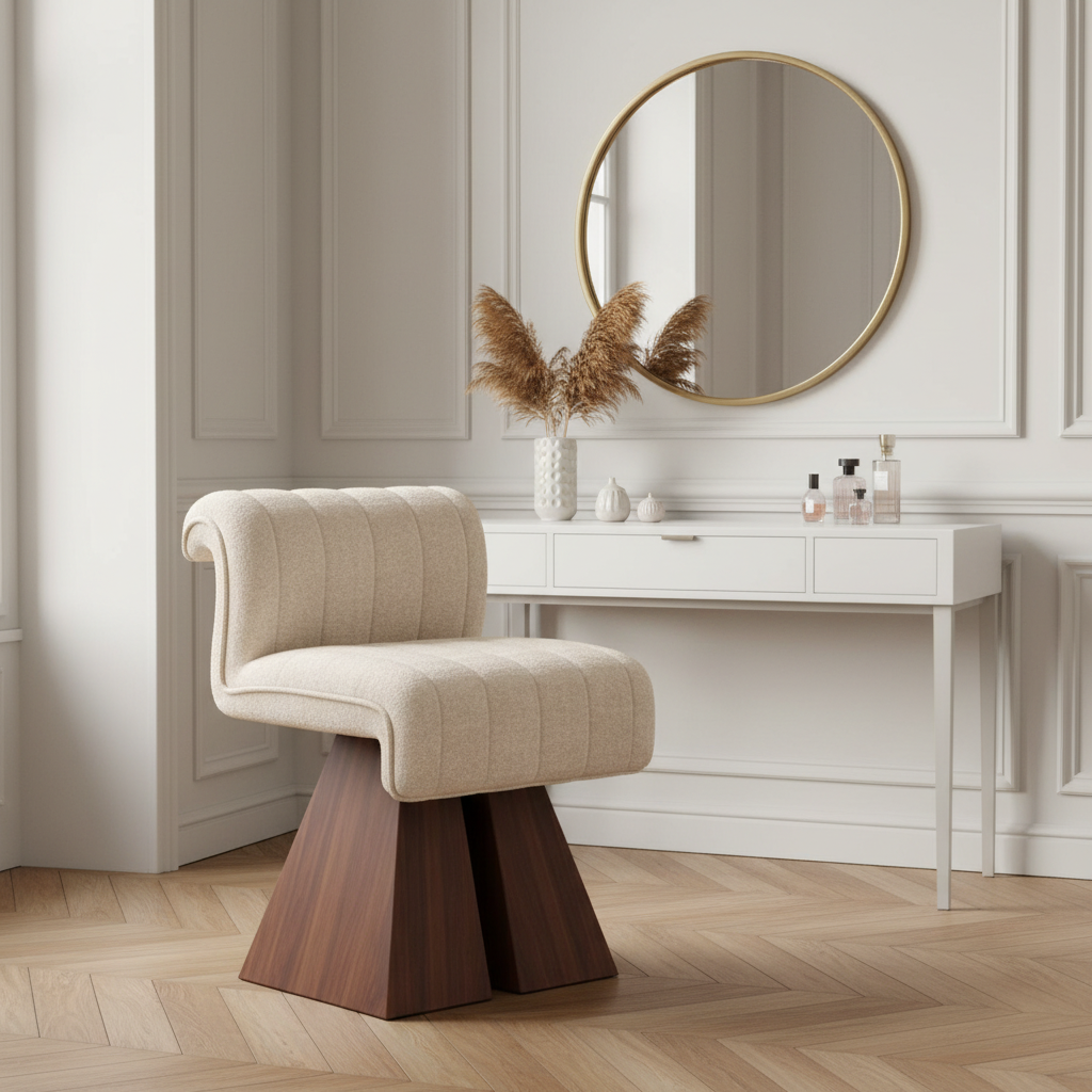Fauteuil de coiffeuse AUBRYNE devant une coiffeuse blanche dans une chambre parisienne haussmannienne