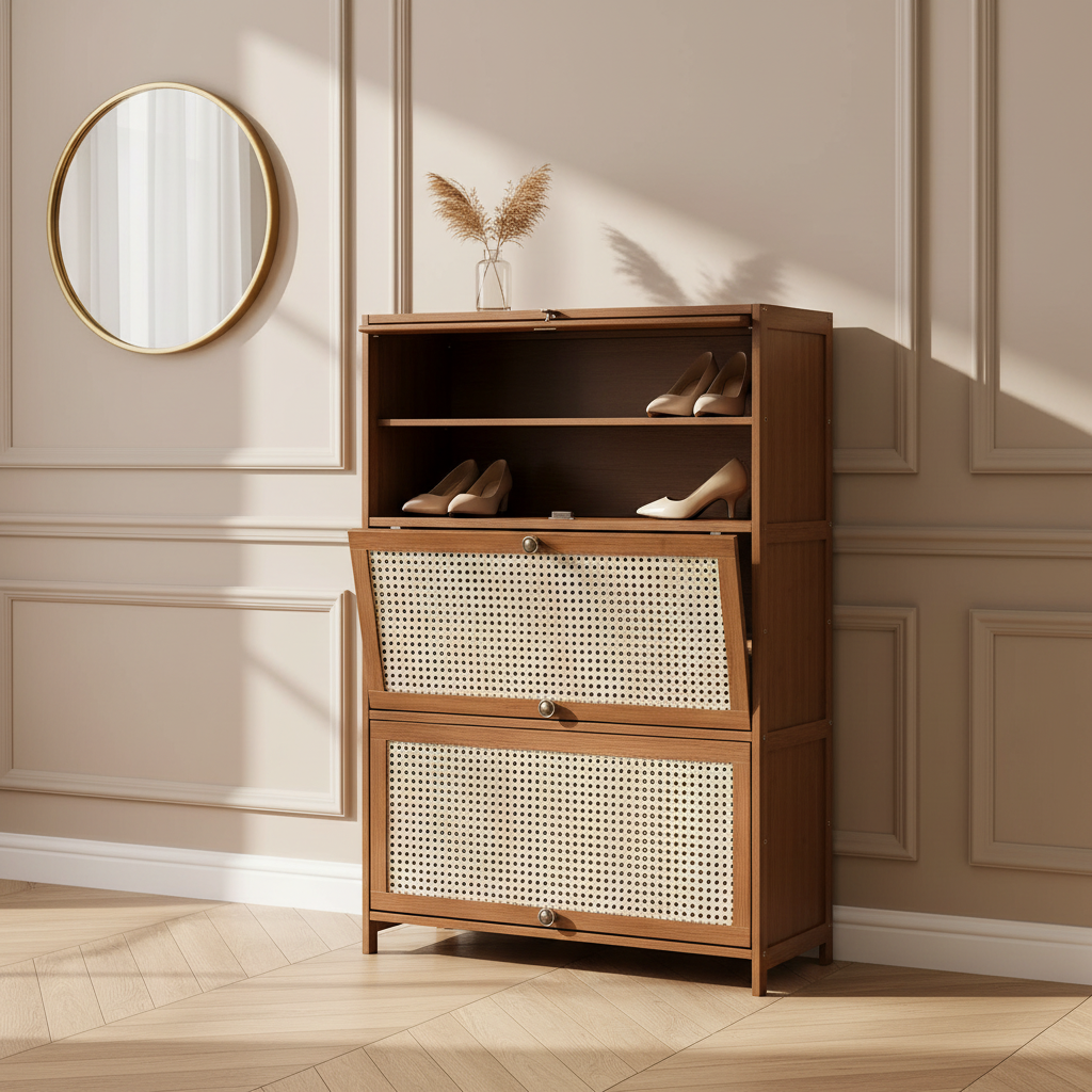 Meuble à chaussures en bambou et cannage dans une entrée parisienne