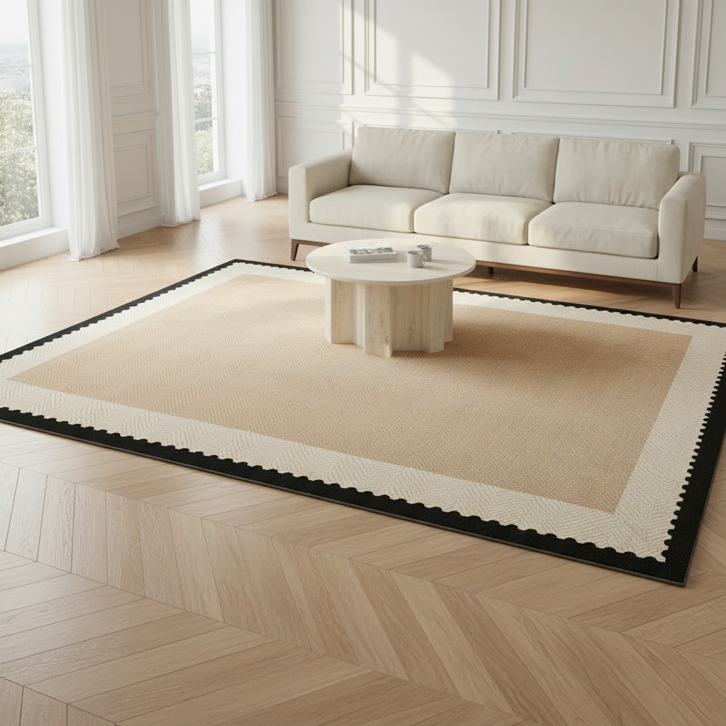 Tapis bouclé à double bordure crème et noire – mise en scène