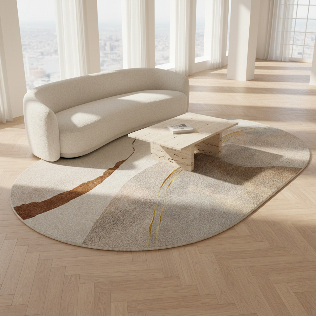 Tapis ovale AUBRYNE style Dune caramel, mise en scène dans un salon lumineux