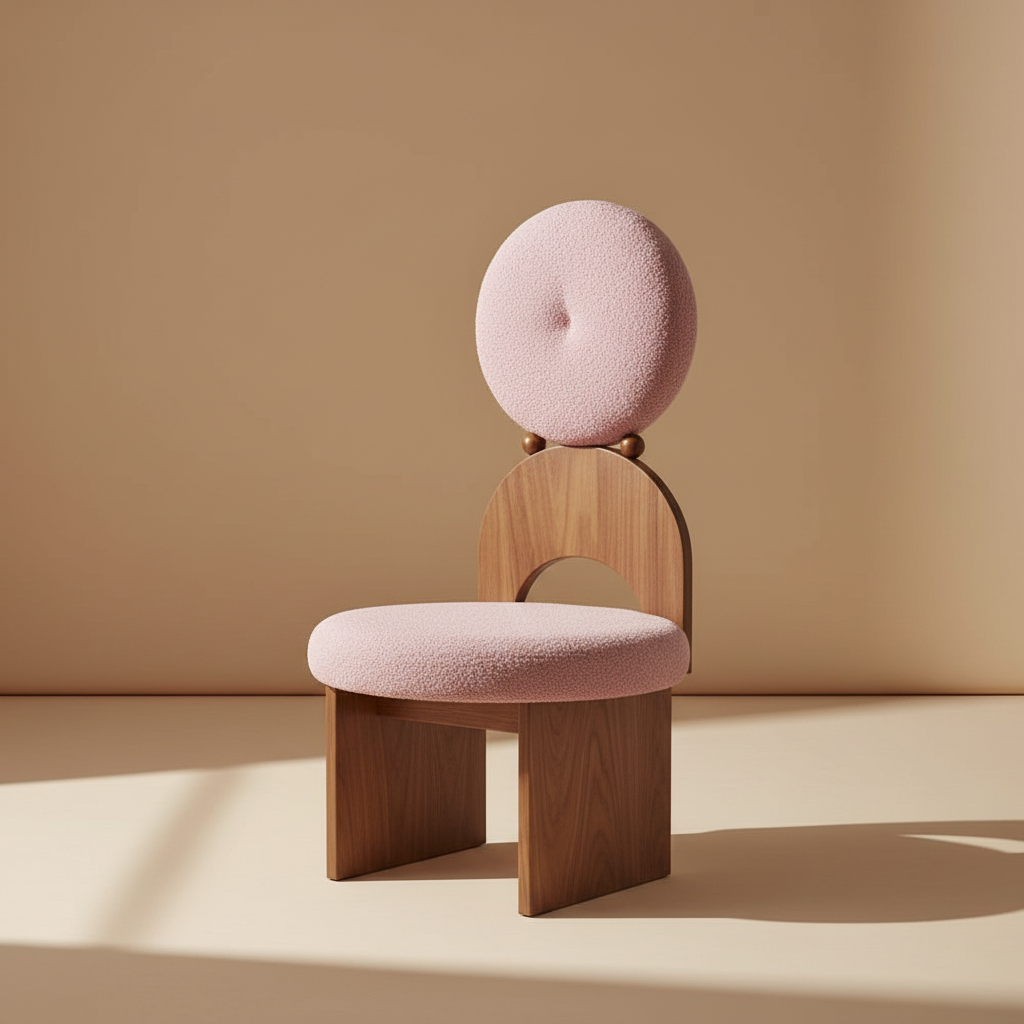 Fauteuil sculptural en bouclette – coloris Noyer & rose