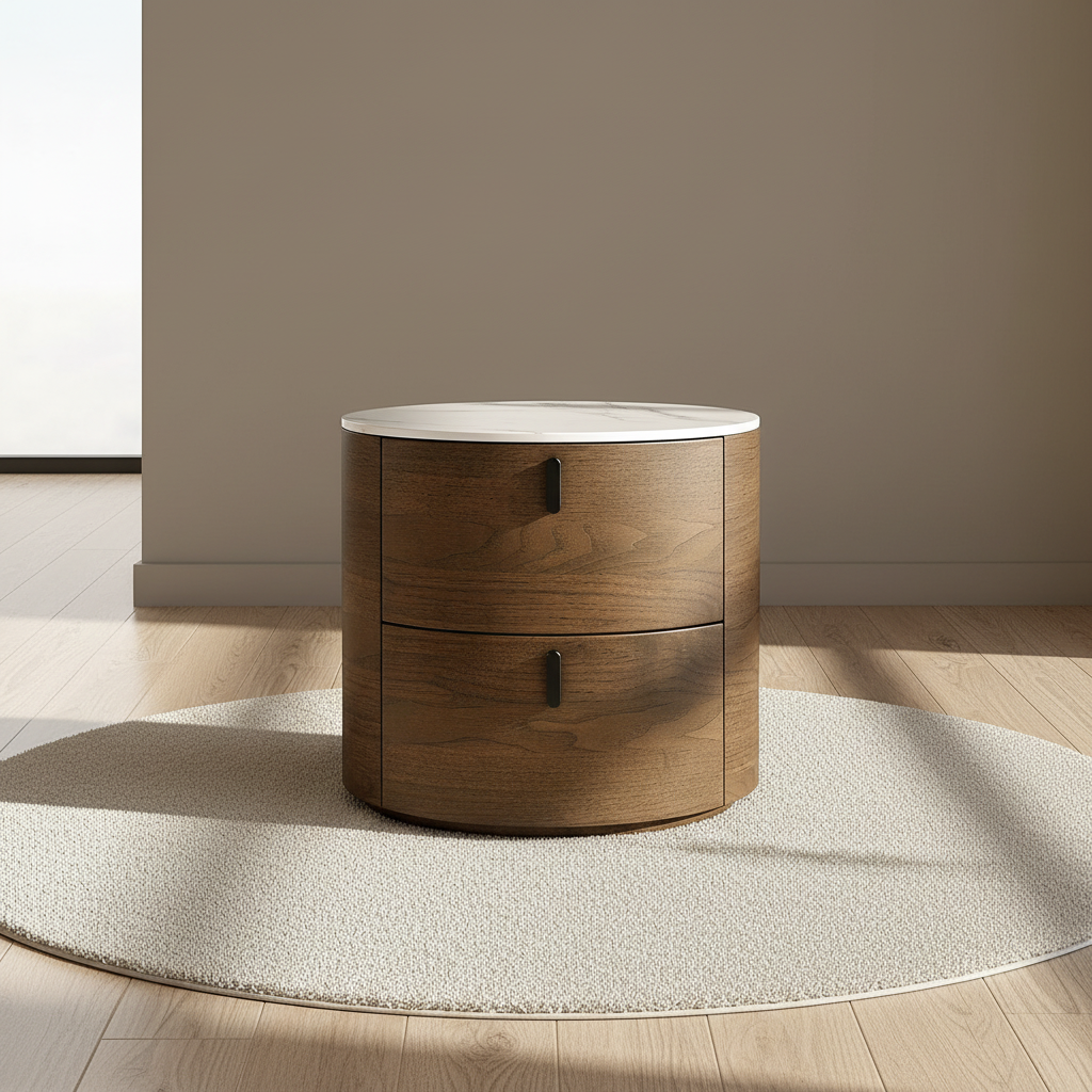 Table de chevet ronde en bois massif noyer, mise en scène