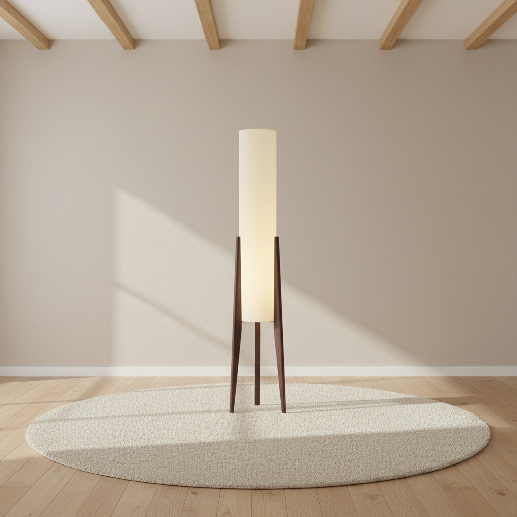 Lampadaire tripode en bois massif, abat-jour tissu – mise en scène