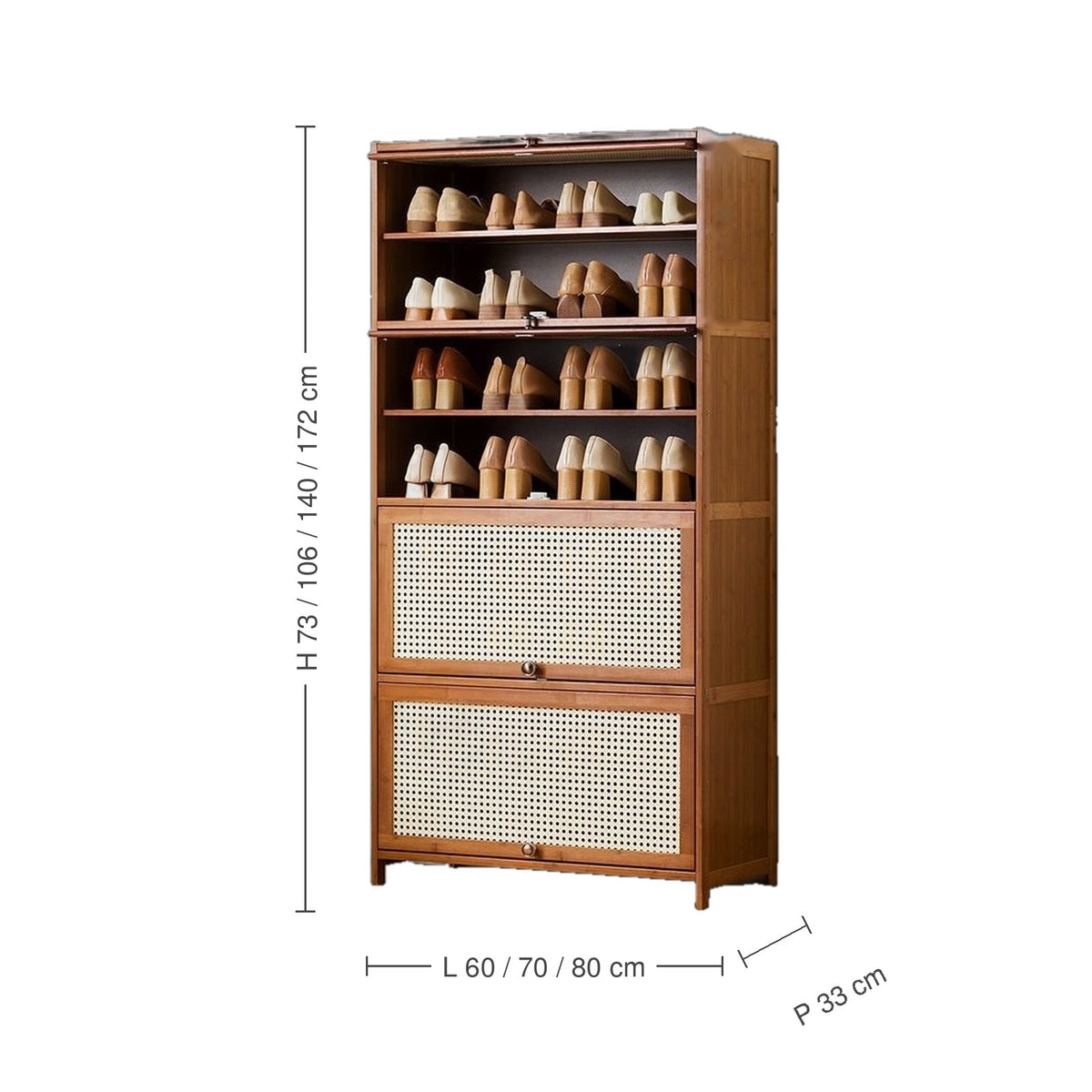 Dimensions du meuble à chaussures en bambou et cannage