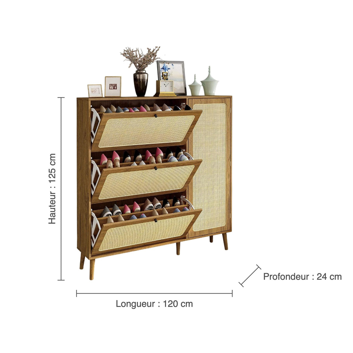 Dimensions du meuble à chaussures noyer et cannage