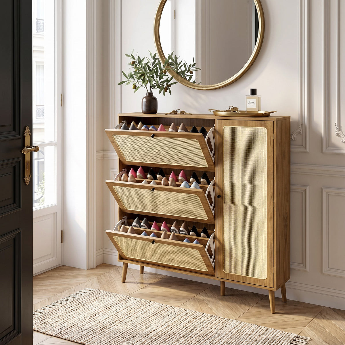 Meuble à chaussures noyer et cannage, abattants ouverts, dans une entrée haussmannienne avec miroir rond doré