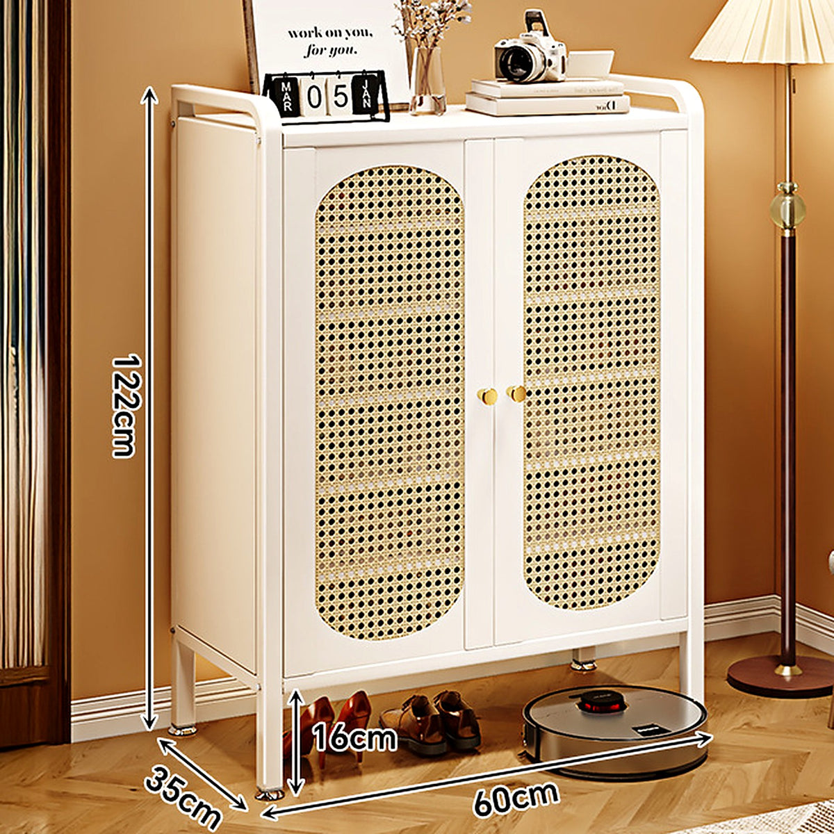 Meuble à chaussures métal crème et cannage, 60 cm, 2 portes
