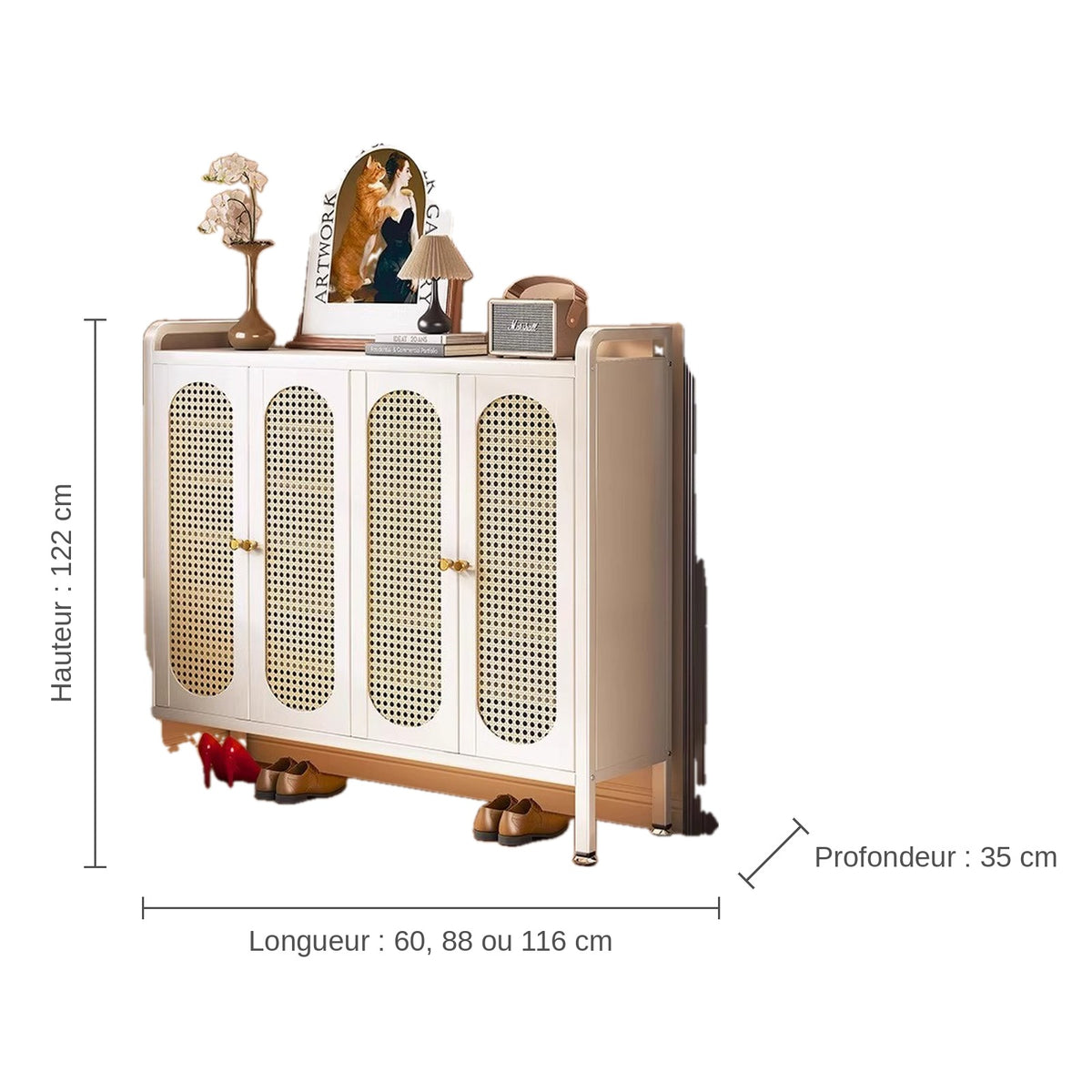 Dimensions du meuble à chaussures en métal crème et cannage