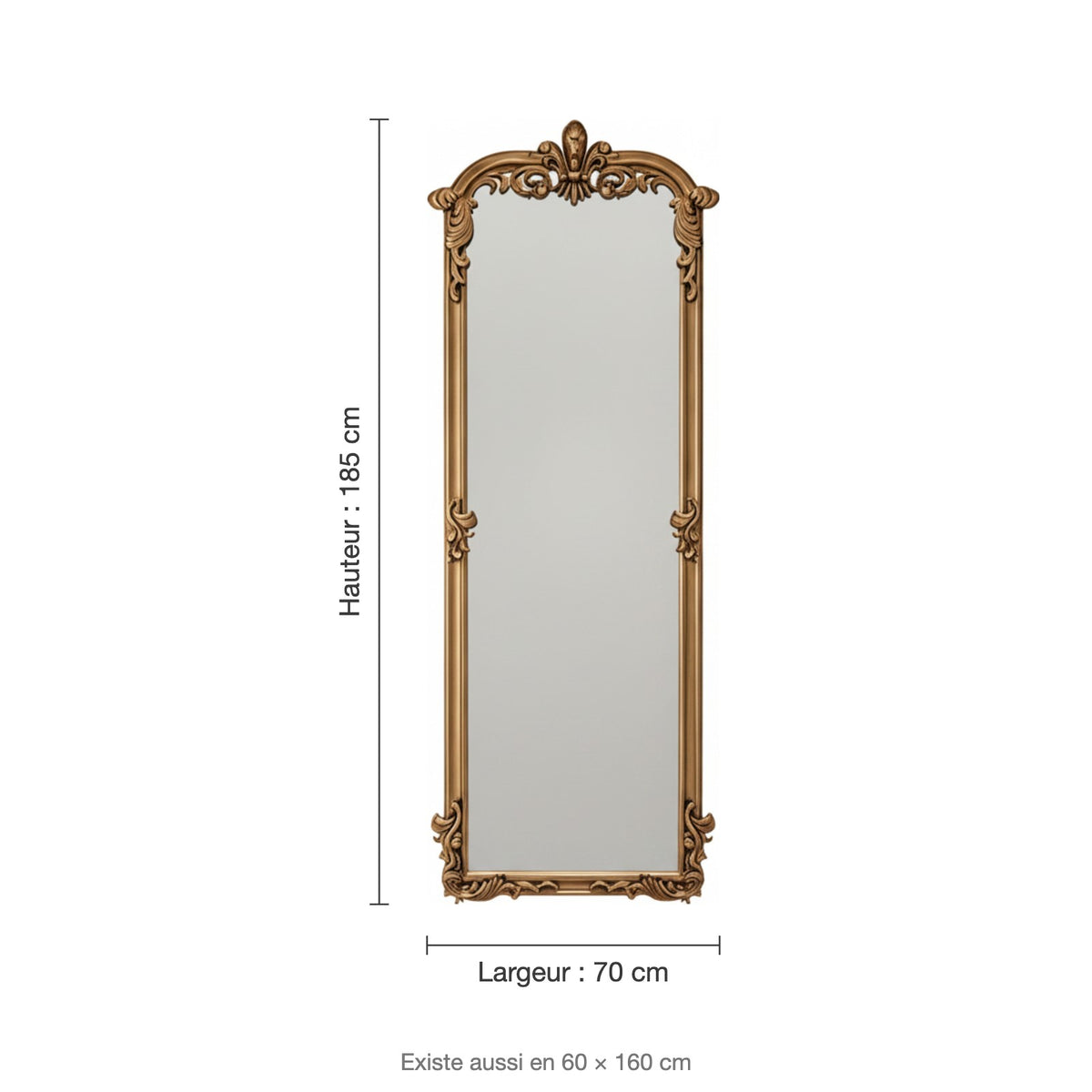 Dimensions du grand miroir baroque : 70 × 185 cm ou 60 × 160 cm