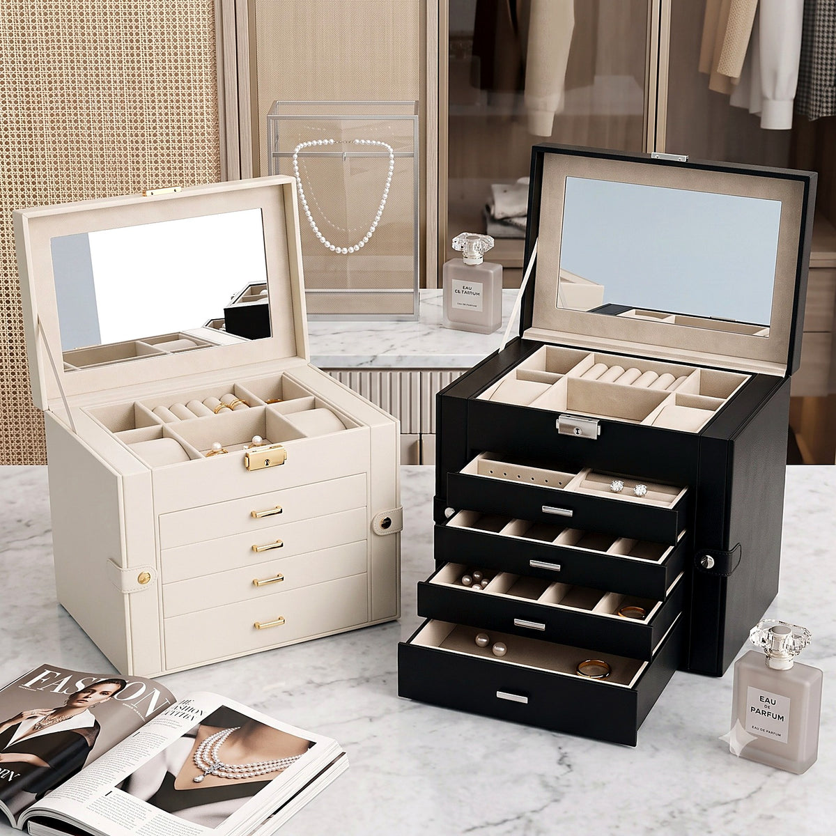 Coffret à bijoux AUBRYNE, coloris blanc crème et noir côte à côte