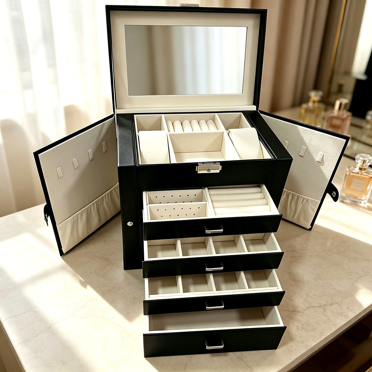 Coffret à bijoux AUBRYNE noir, tiroirs ouverts