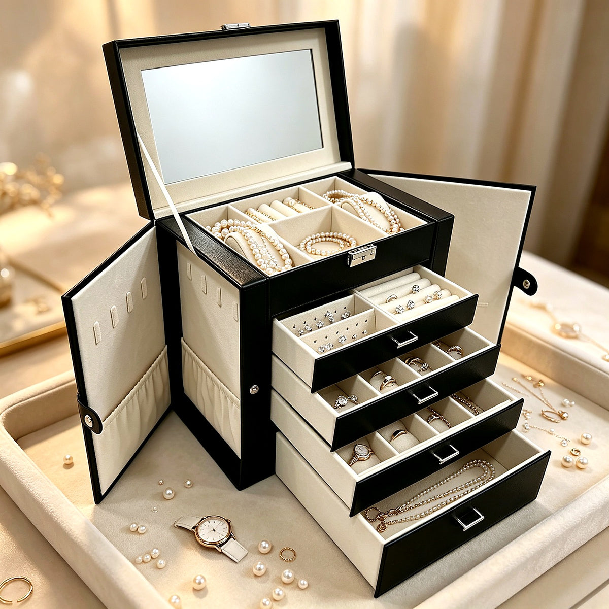 Coffret à bijoux AUBRYNE noir, détail des tiroirs et bijoux