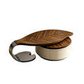Table basse design AUBRYNE plateau feuille en noyer, caisson crème et pied chromé