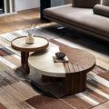 Ensemble de 2 tables basses rondes effet travertin et noyer AUBRYNE