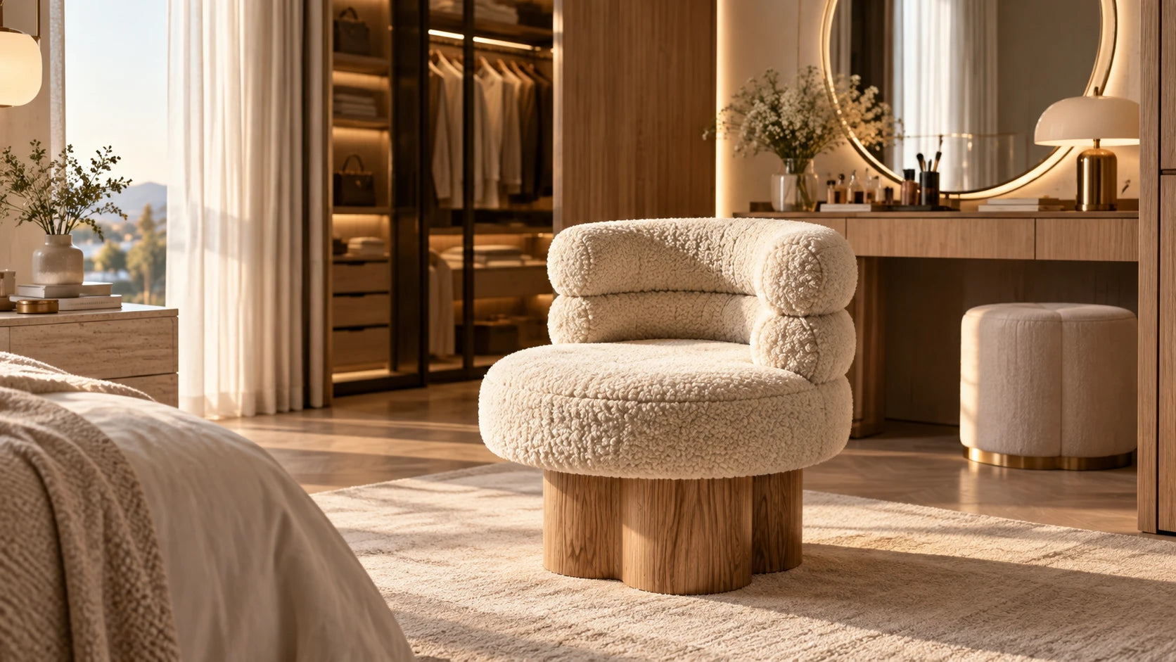 Bright bedroom with a walk-in closet, a vanity with a round mirror and a bouclé armchair on an oak base